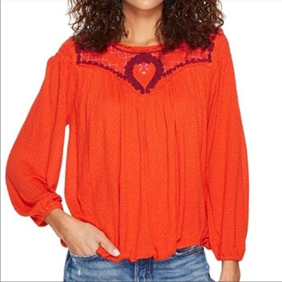 Free People Tops - Free People Boho Begonia Red Embroidered Top